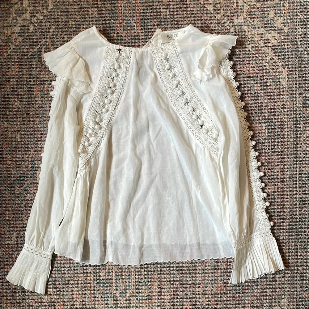 Sea New York Esther PomPom Ruffle Blouse in White Ivory